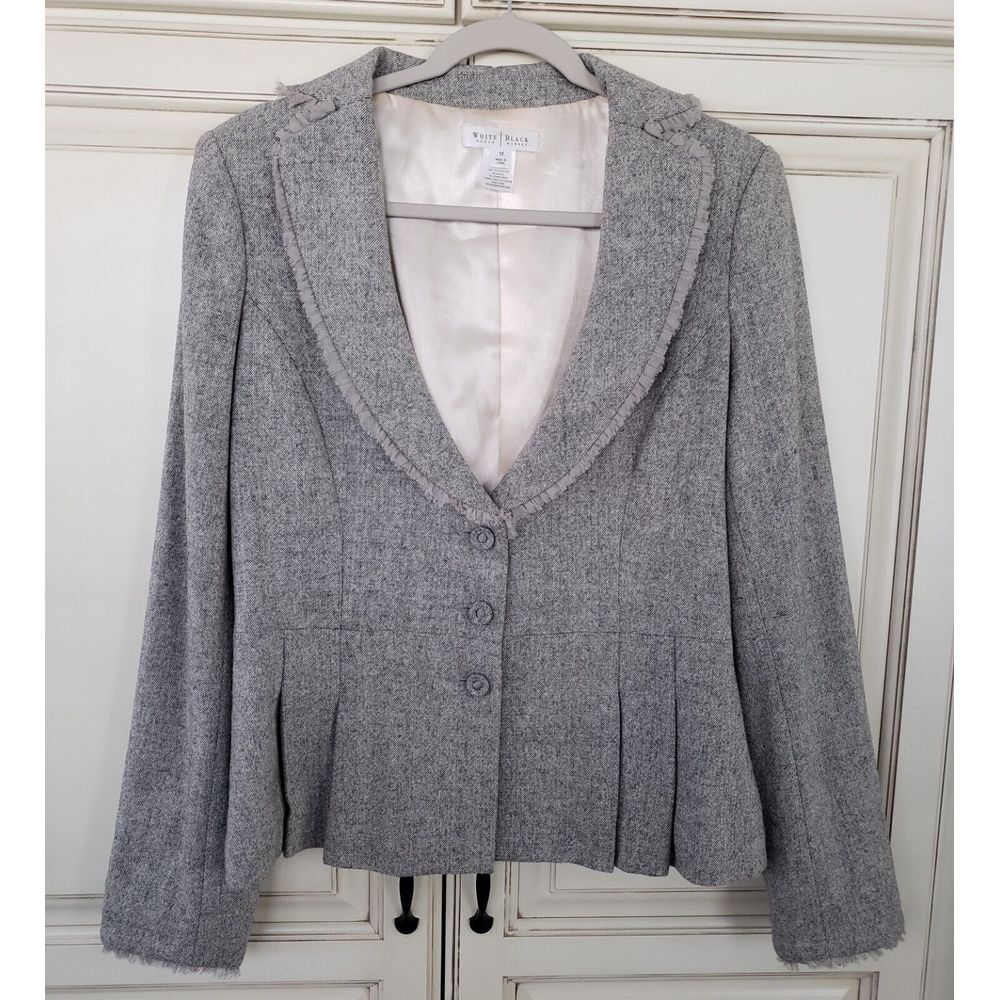White House Black Market Fitted Wool Jacket Structured Blazer 12 Grey Fringe Trm